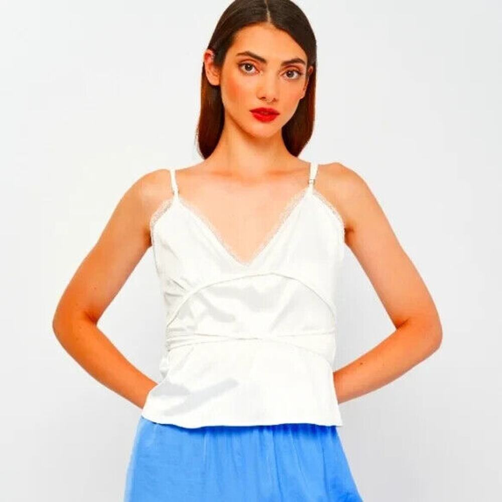 Zara Tank Top Small White Satin Lace Trim Tie Up Camisole Babydoll Celestial Y2K